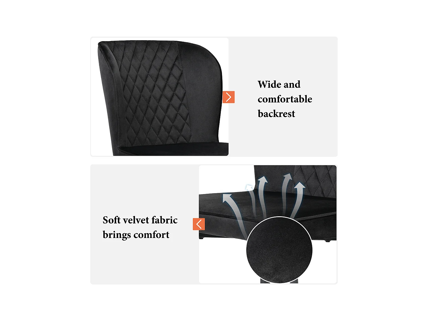 Juego de 2 sillas de comedor, color negro, asiento de terciopelo, patas de metal, respaldo ergonómico