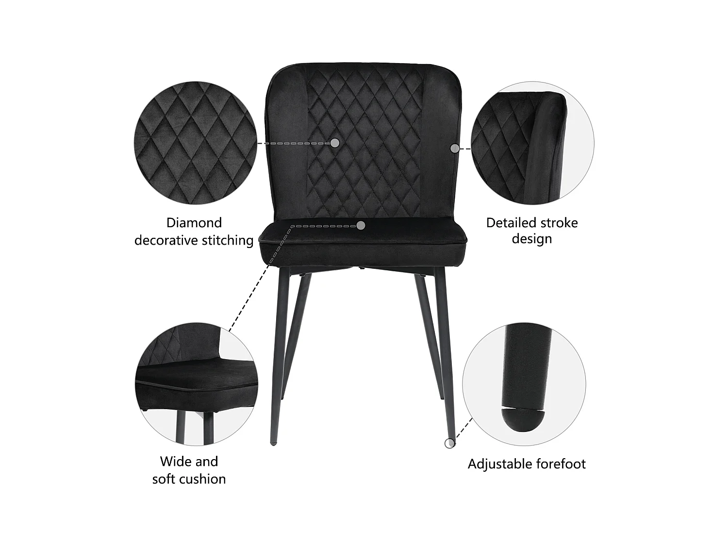 Conjunto de 2 cadeiras de jantar, pretas, assento de veludo, pernas de metal, encosto ergonômico