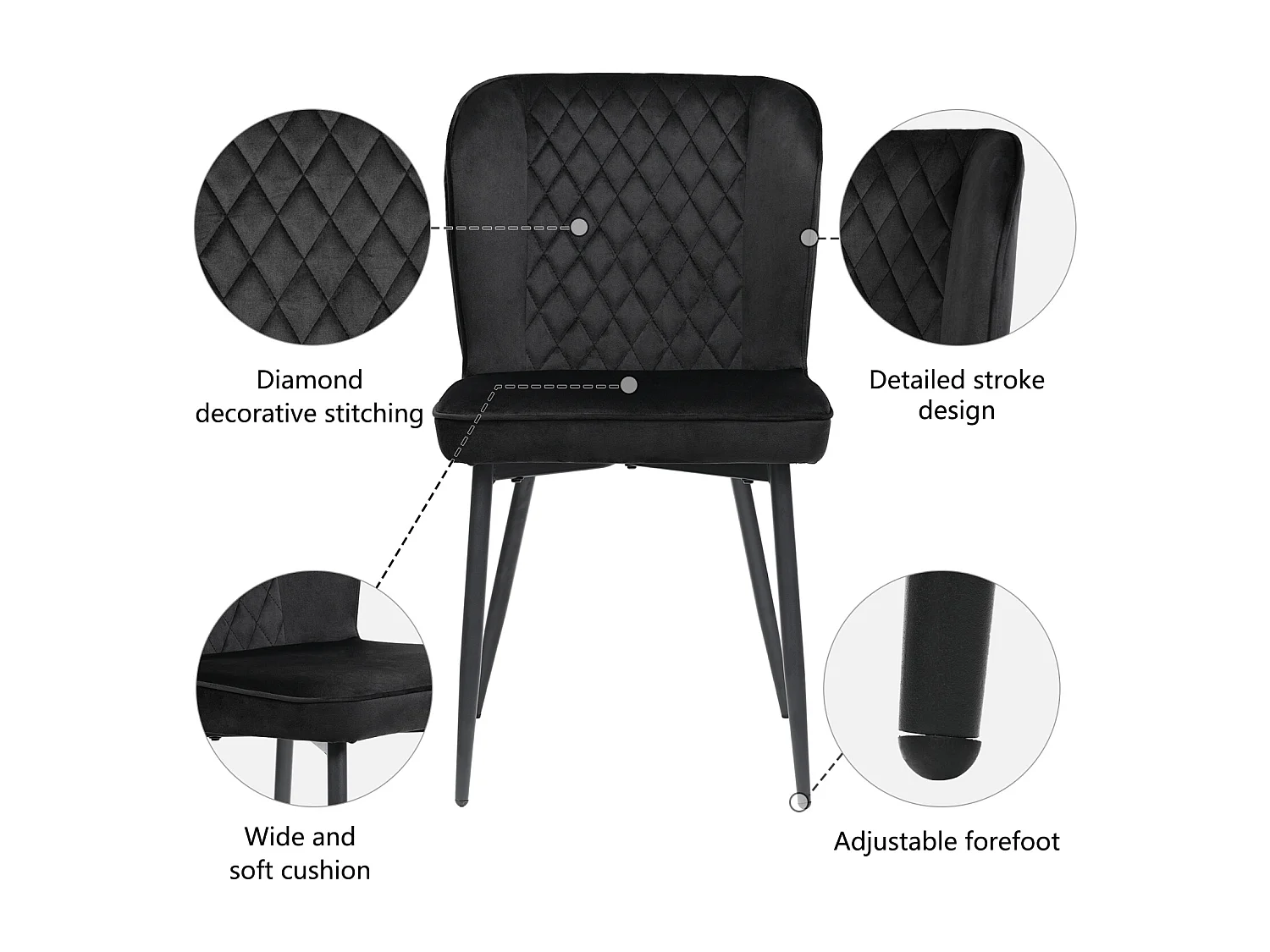 Lot de 2 chaises de salle à manger, Noir, assise velours, pieds métal, dossier ergonomique