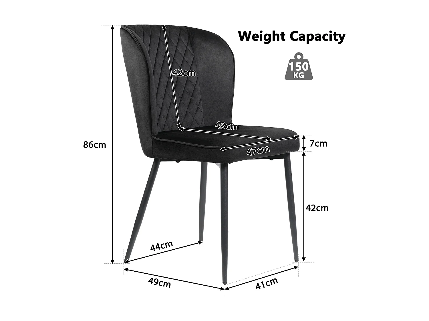 Lot de 2 chaises de salle à manger, Noir, assise velours, pieds métal, dossier ergonomique