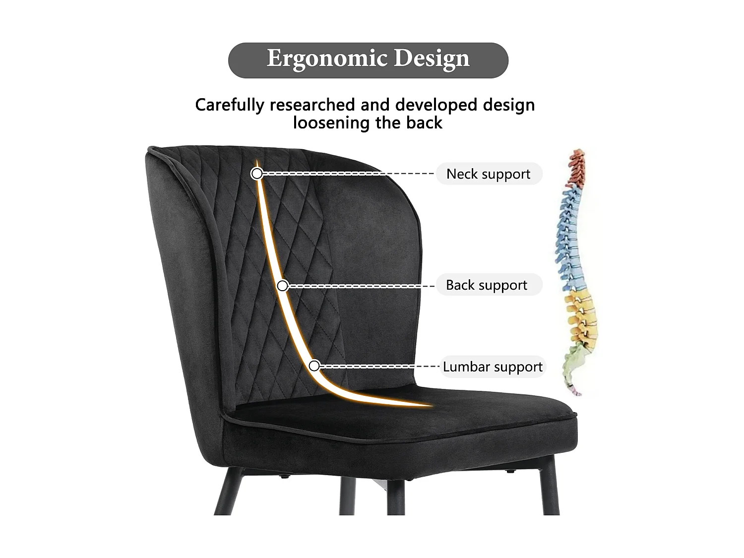 Lot de 2 chaises de salle à manger, Noir, assise velours, pieds métal, dossier ergonomique