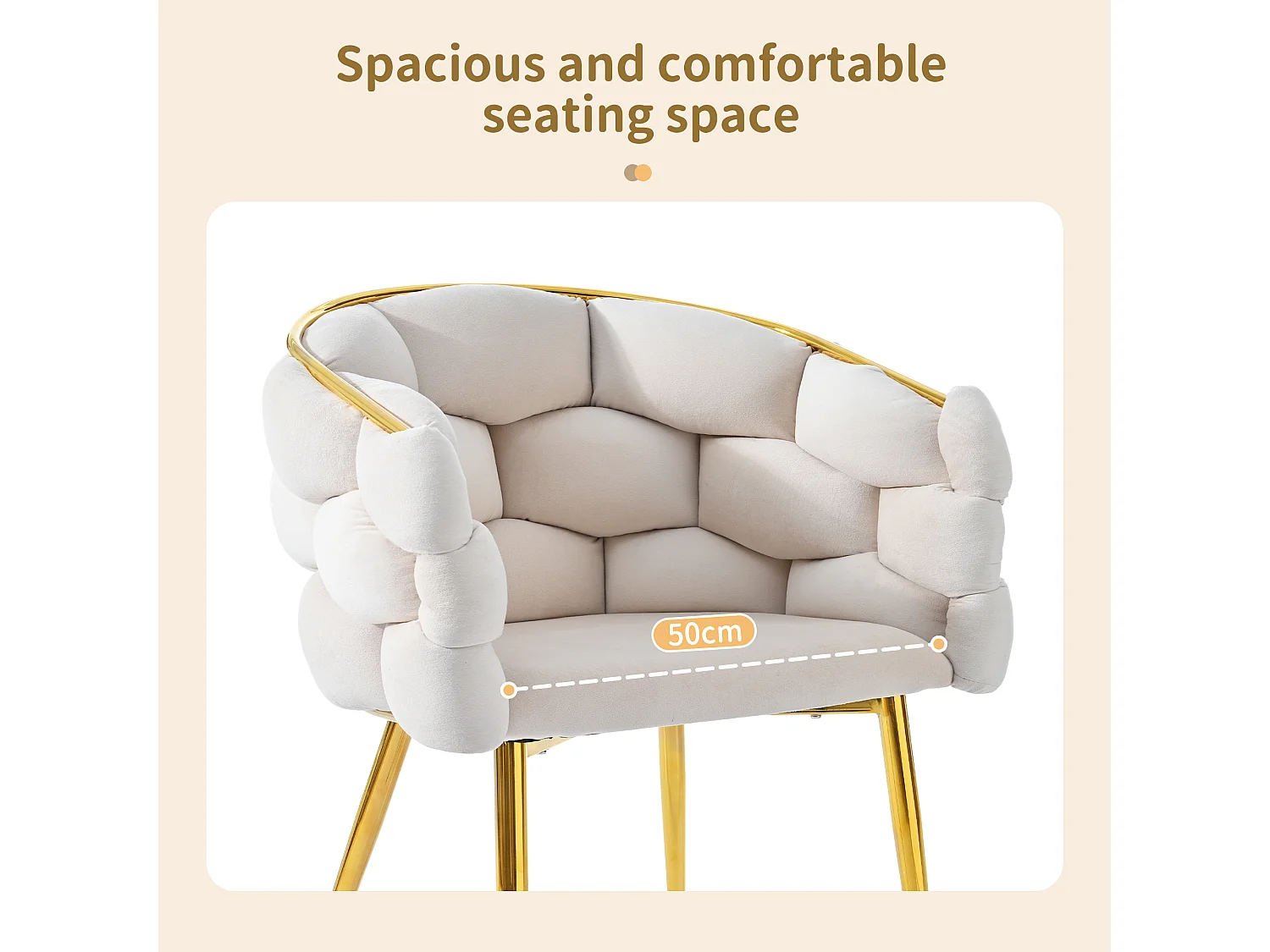 Conjunto de 2 cadeiras modernas de veludo bege com pés de metal dourado, design ergonômico Bubble para sala de estar.