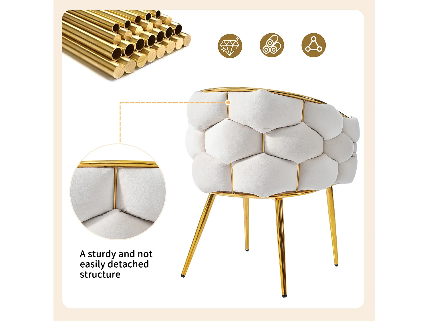 Conjunto de 2 cadeiras modernas de veludo bege com pés de metal dourado, design ergonômico Bubble para sala de estar.