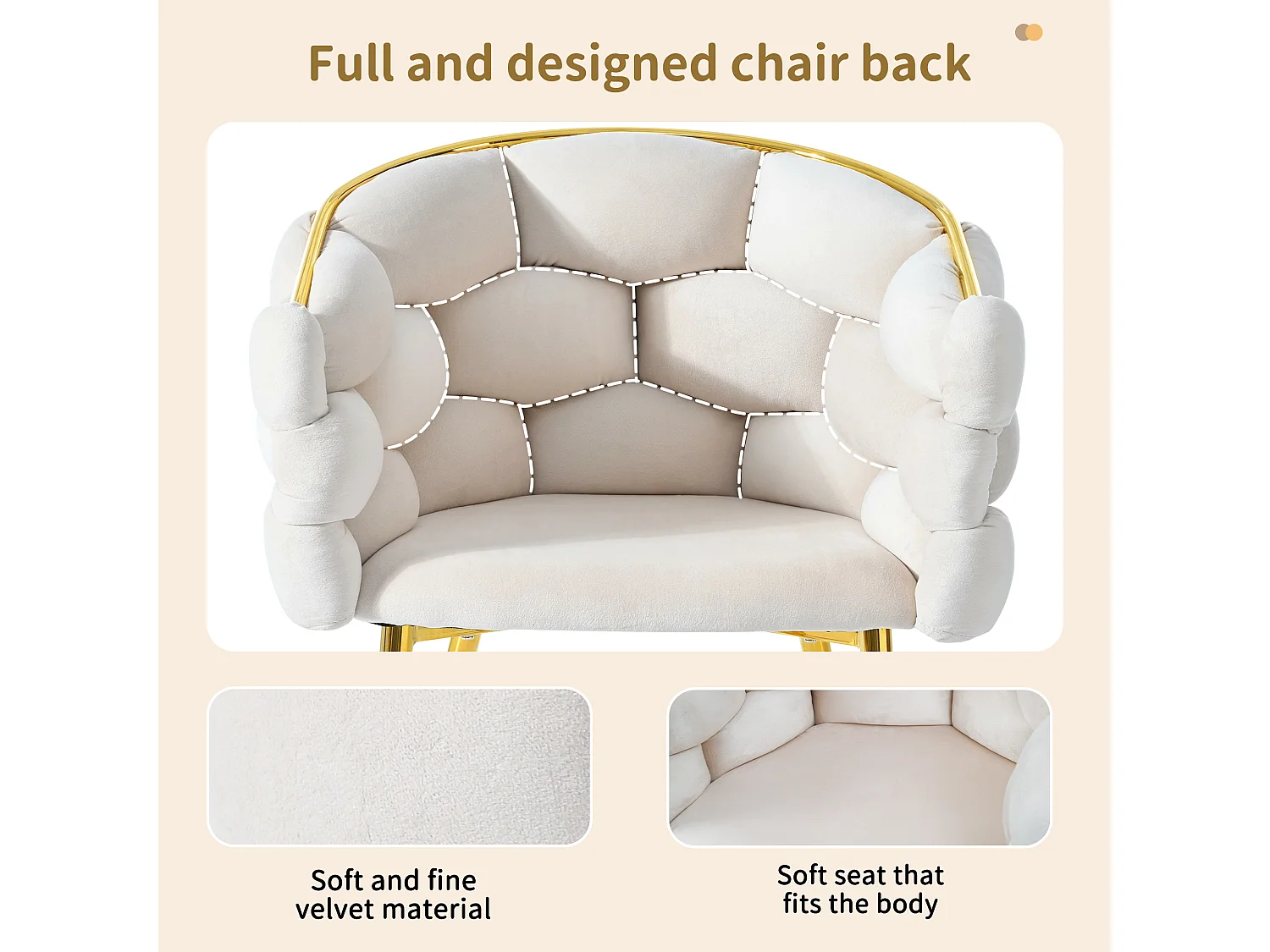 Conjunto de 2 cadeiras modernas de veludo bege com pés de metal dourado, design ergonômico Bubble para sala de estar.