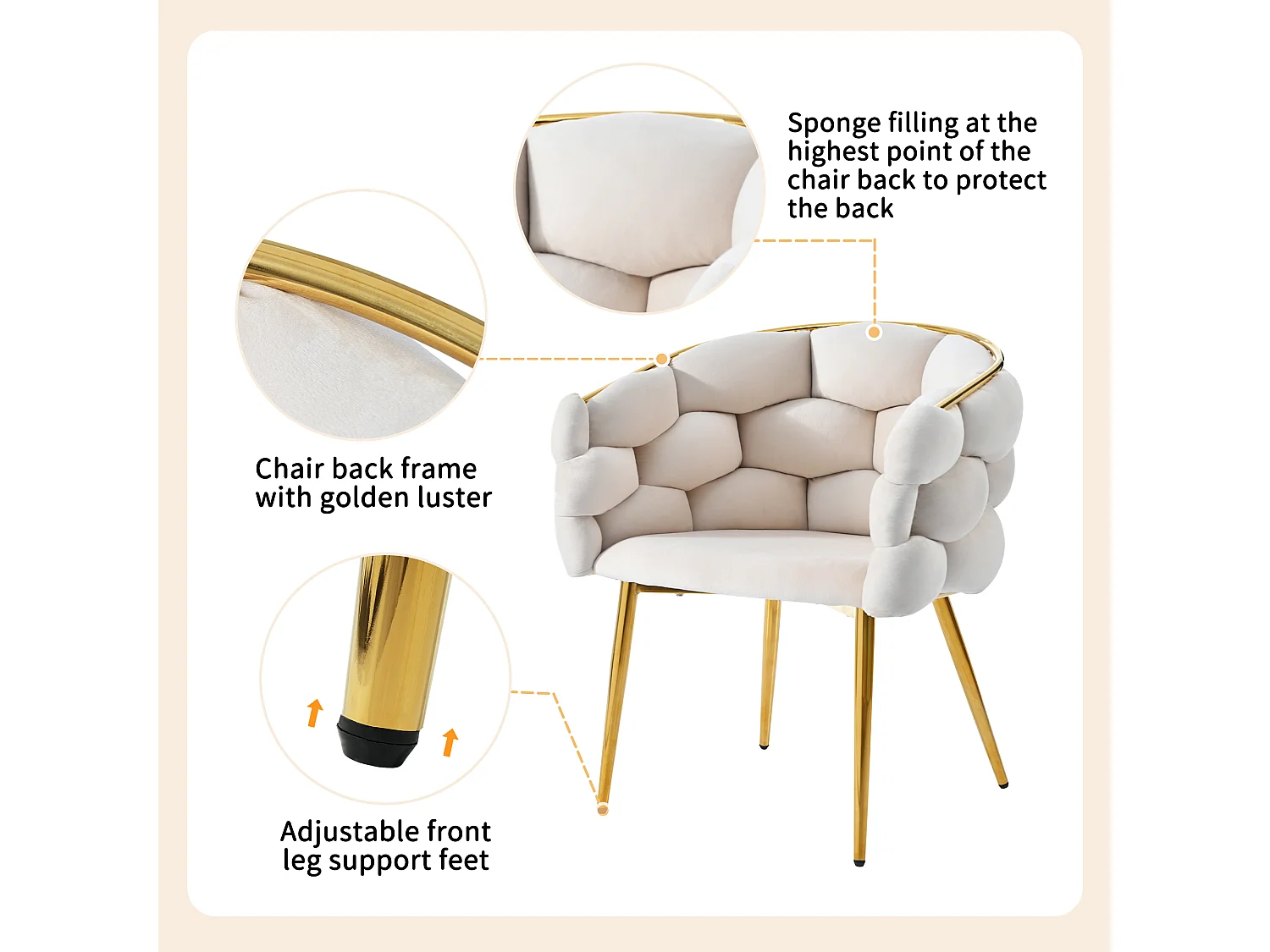 Conjunto de 2 cadeiras modernas de veludo bege com pés de metal dourado, design ergonômico Bubble para sala de estar.