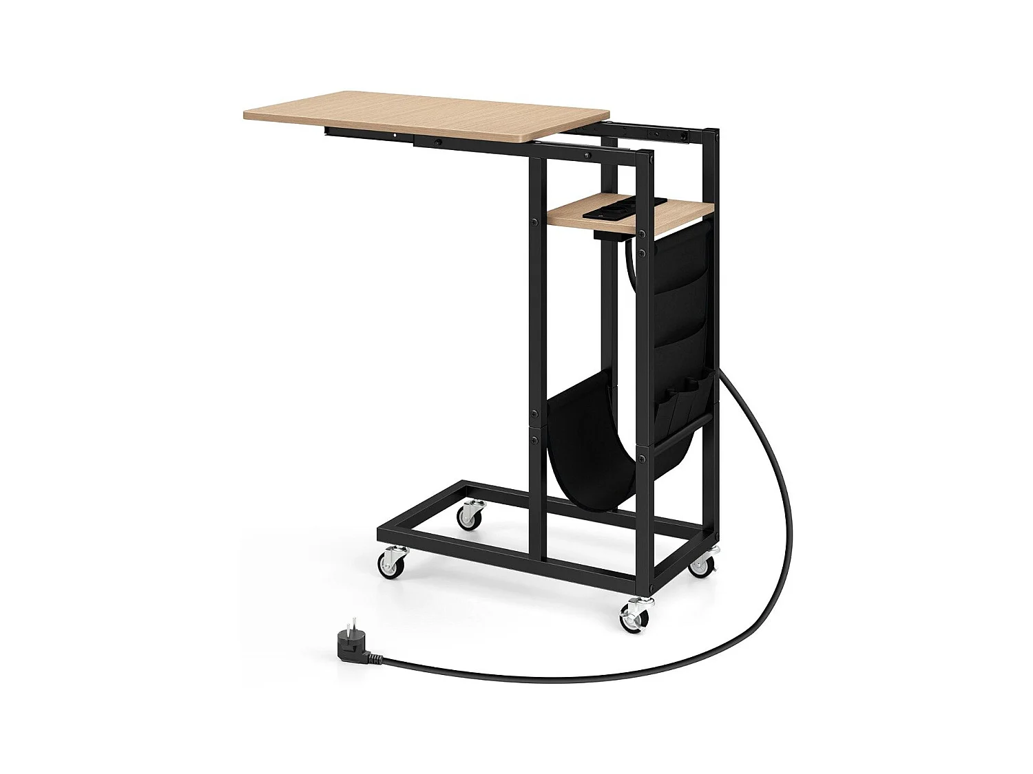 Tavolino da fine forma C con stazione di ricarica, Tavolino laterale con piano retrattile e ruote bloccabili Naturale