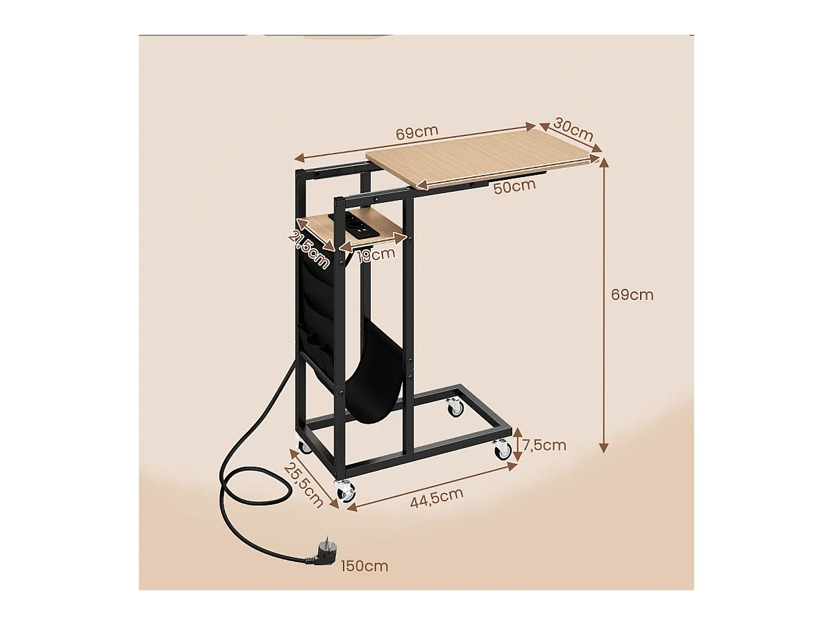 Tavolino da fine forma C con stazione di ricarica, Tavolino laterale con piano retrattile e ruote bloccabili Naturale