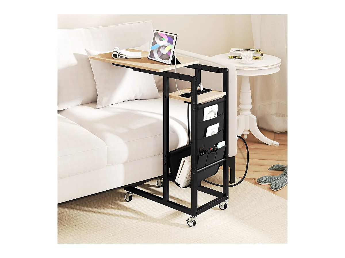 Tavolino da fine forma C con stazione di ricarica, Tavolino laterale con piano retrattile e ruote bloccabili Naturale