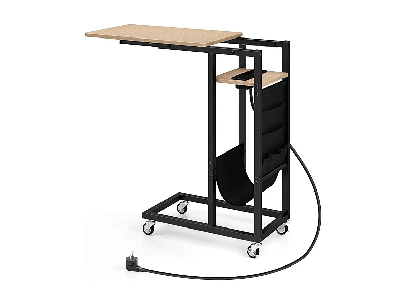 C-förmiger Beistelltisch mit Ladestation & Ausziehbarer Tischplatte & Seitentasche Sofatisch Grau