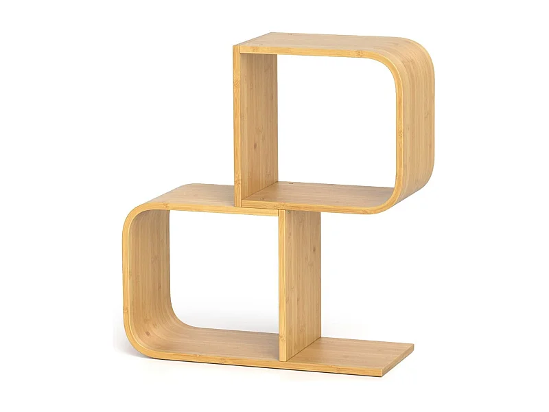 Libreria a 2 livelli a forma di S per esposizione, Mensola in bambù con 2 cubi aperti Naturale