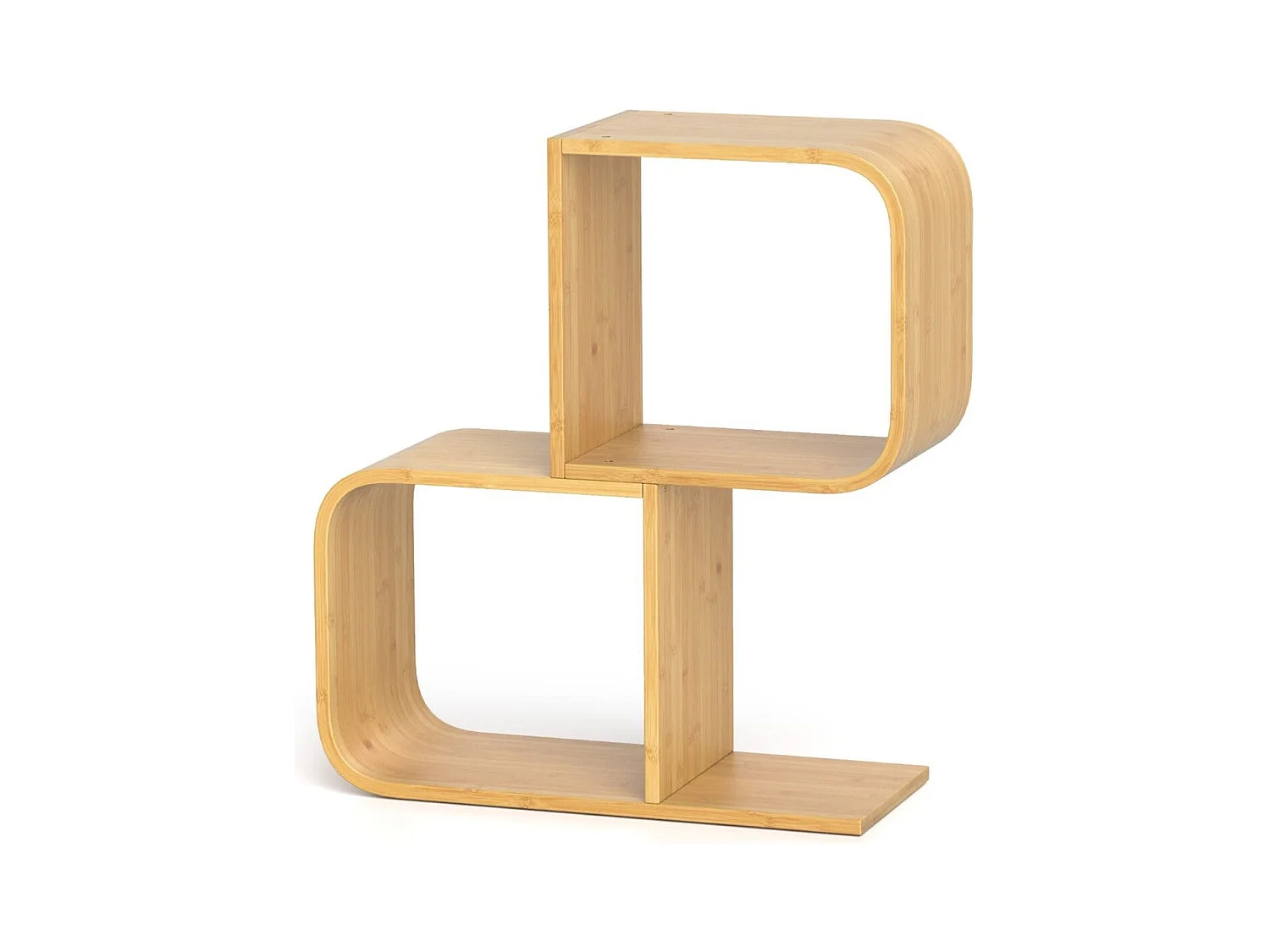 Libreria a 2 livelli a forma di S per esposizione, Mensola in bambù con 2 cubi aperti Naturale