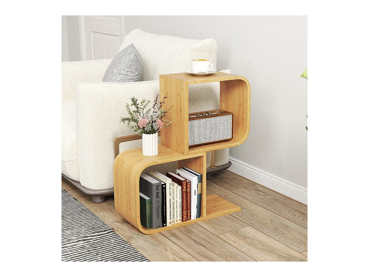 Libreria a 2 livelli a forma di S per esposizione, Mensola in bambù con 2 cubi aperti Naturale