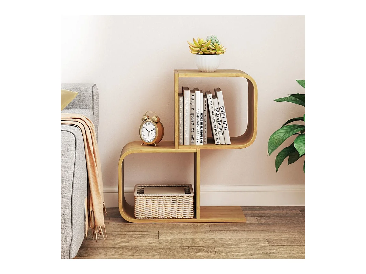 Libreria a 2 livelli a forma di S per esposizione, Mensola in bambù con 2 cubi aperti Naturale