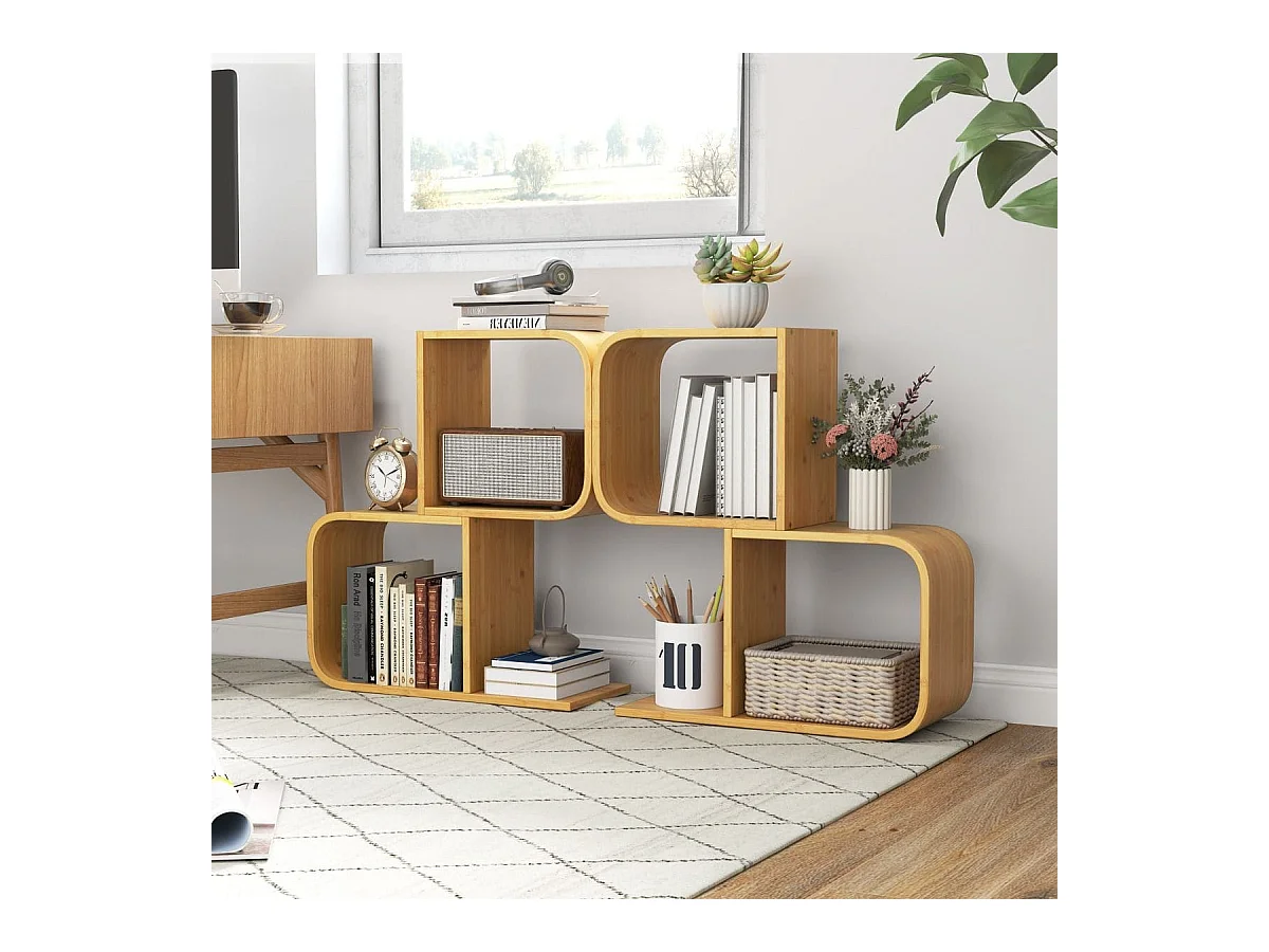 Libreria a 2 livelli a forma di S per esposizione, Mensola in bambù con 2 cubi aperti Naturale