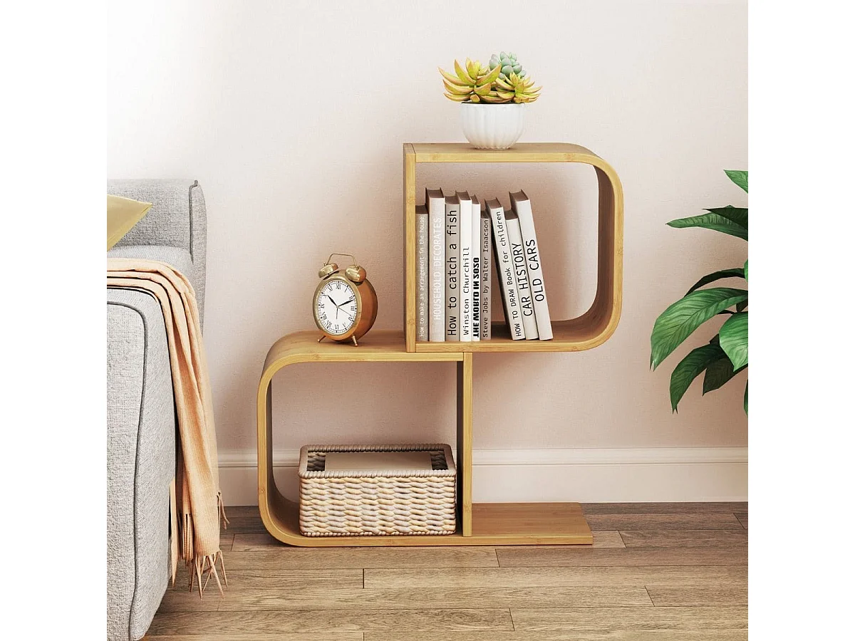 S-förmiges Bücherregal mit 2 Offenen Würfeln Geometrisches Eckregal Bambusregal