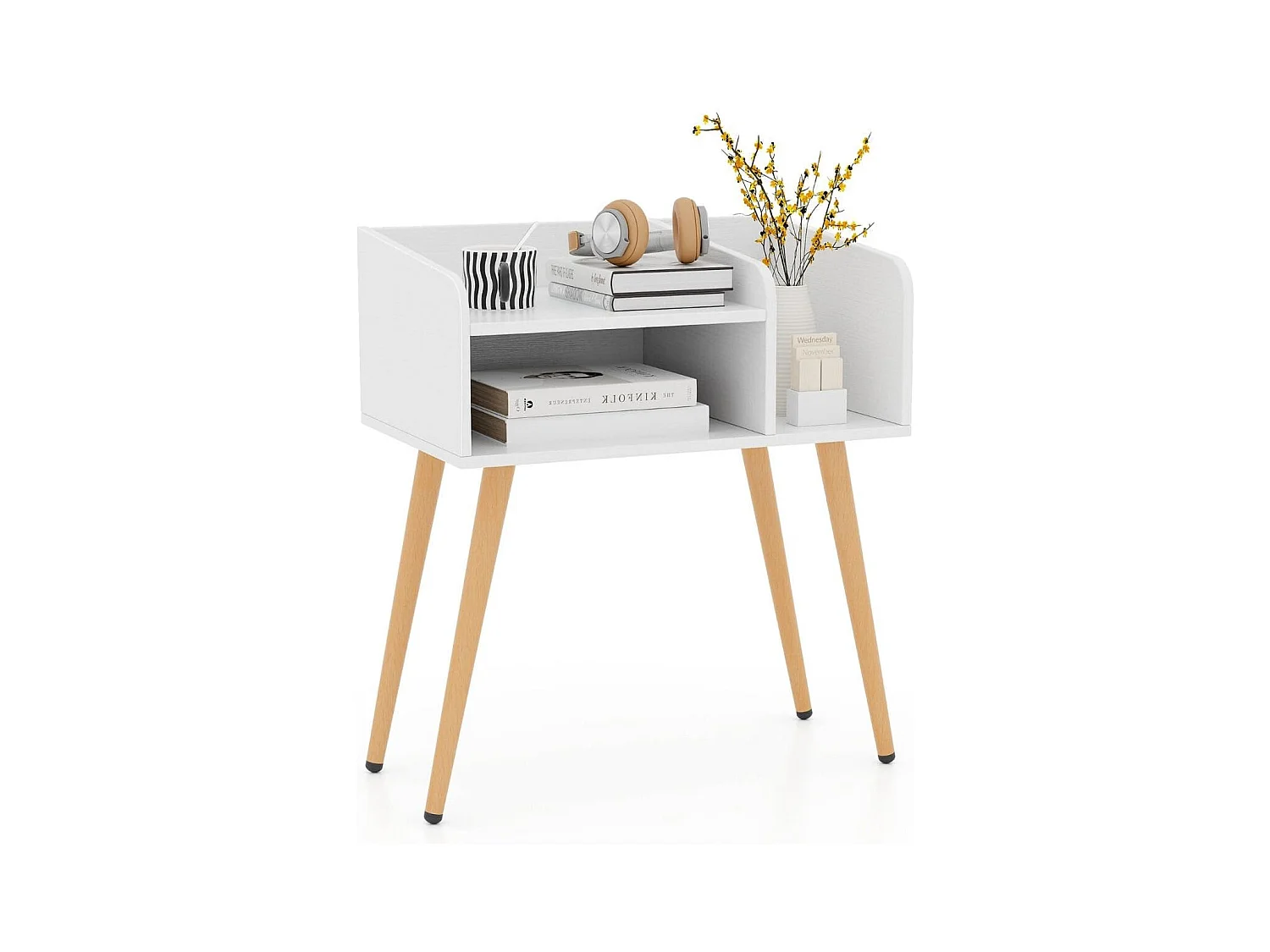 Comodino in stile moderno semplice ma pratico, Tavolino a 2 piani con mensole aperte Bianco + Naturale