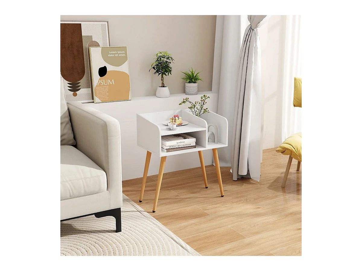 Comodino in stile moderno semplice ma pratico, Tavolino a 2 piani con mensole aperte Bianco + Naturale