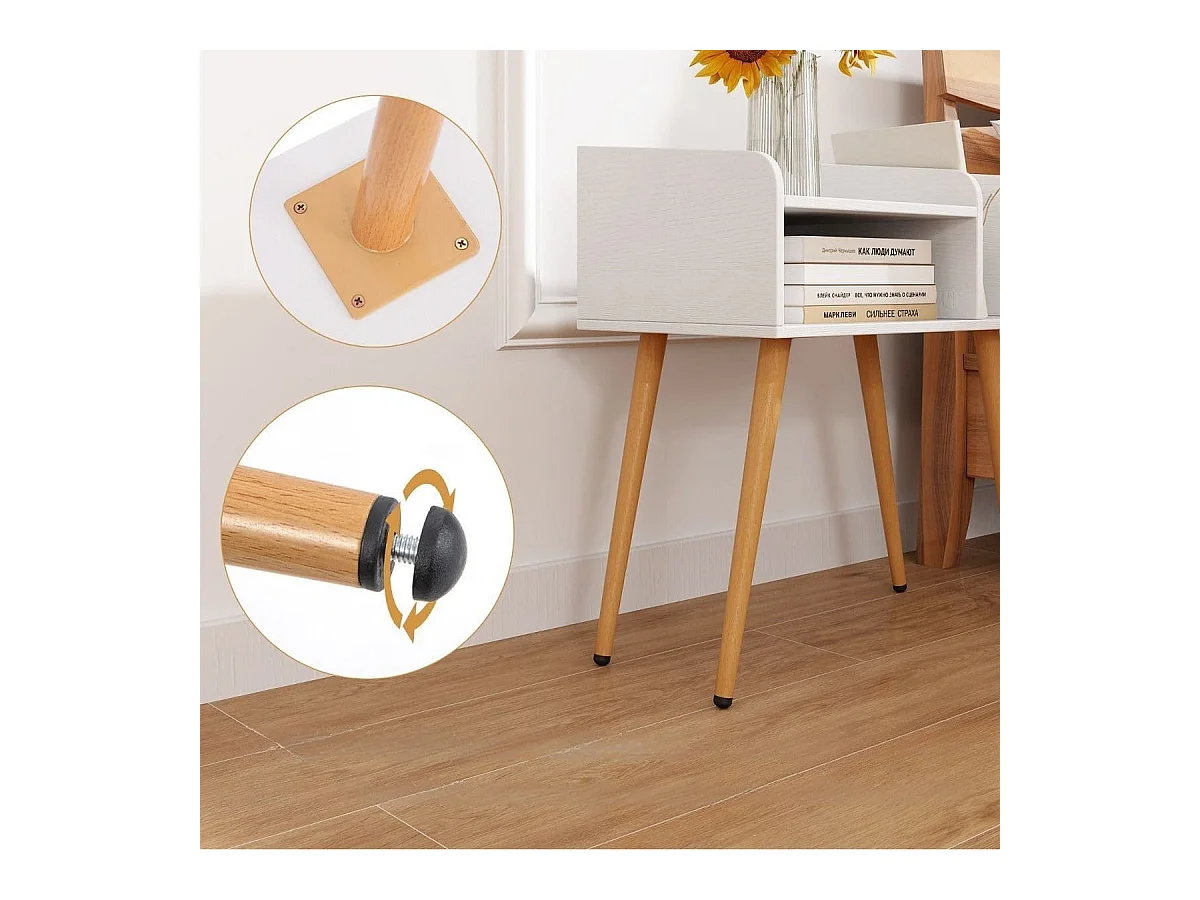 Comodino in stile moderno semplice ma pratico, Tavolino a 2 piani con mensole aperte Bianco + Naturale