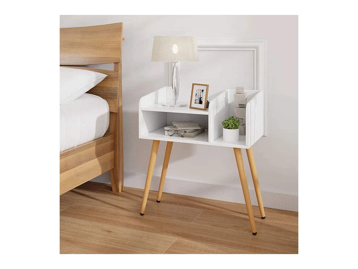 Comodino in stile moderno semplice ma pratico, Tavolino a 2 piani con mensole aperte Bianco + Naturale