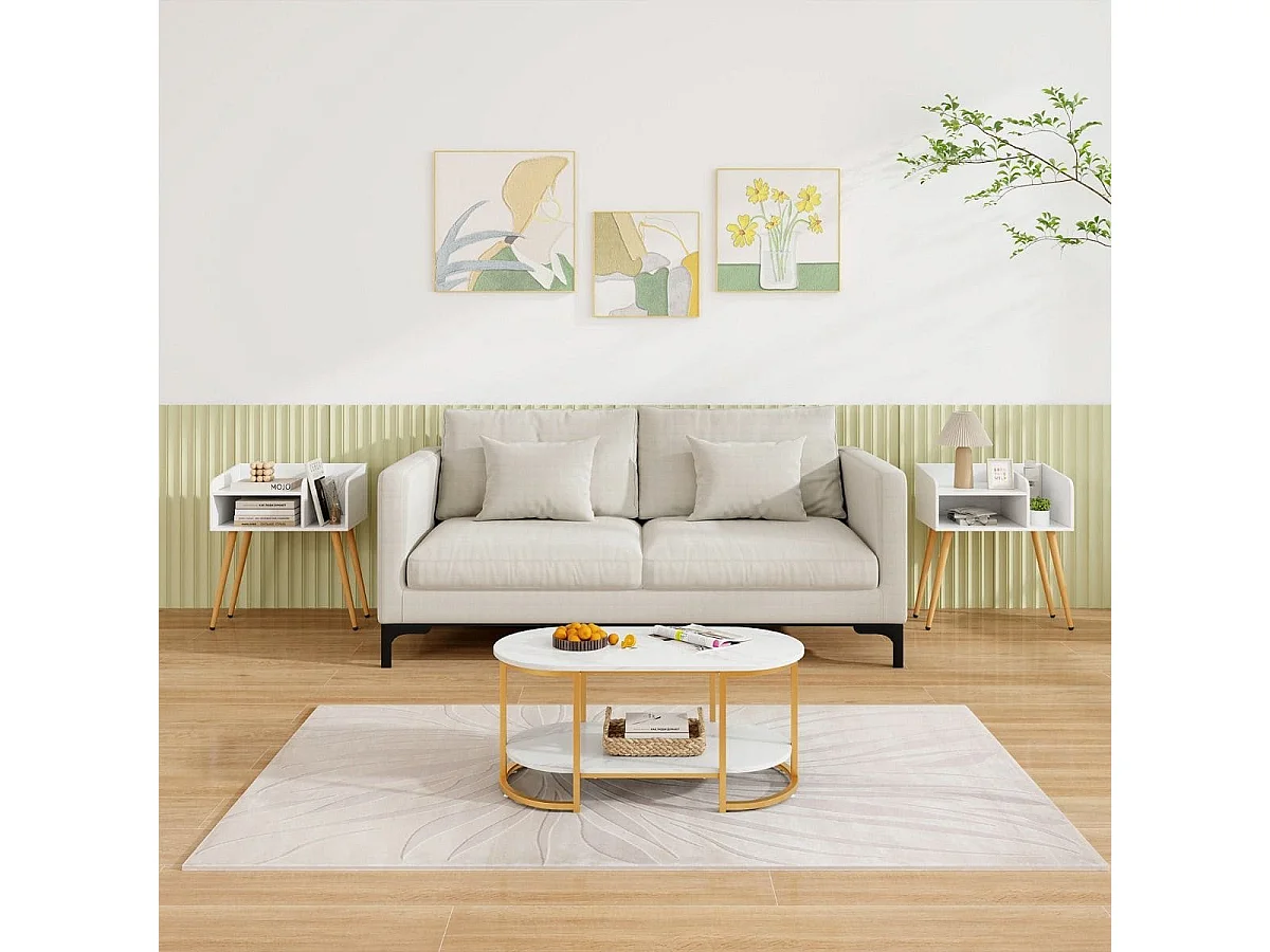 Comodino in stile moderno semplice ma pratico, Tavolino a 2 piani con mensole aperte Bianco + Naturale