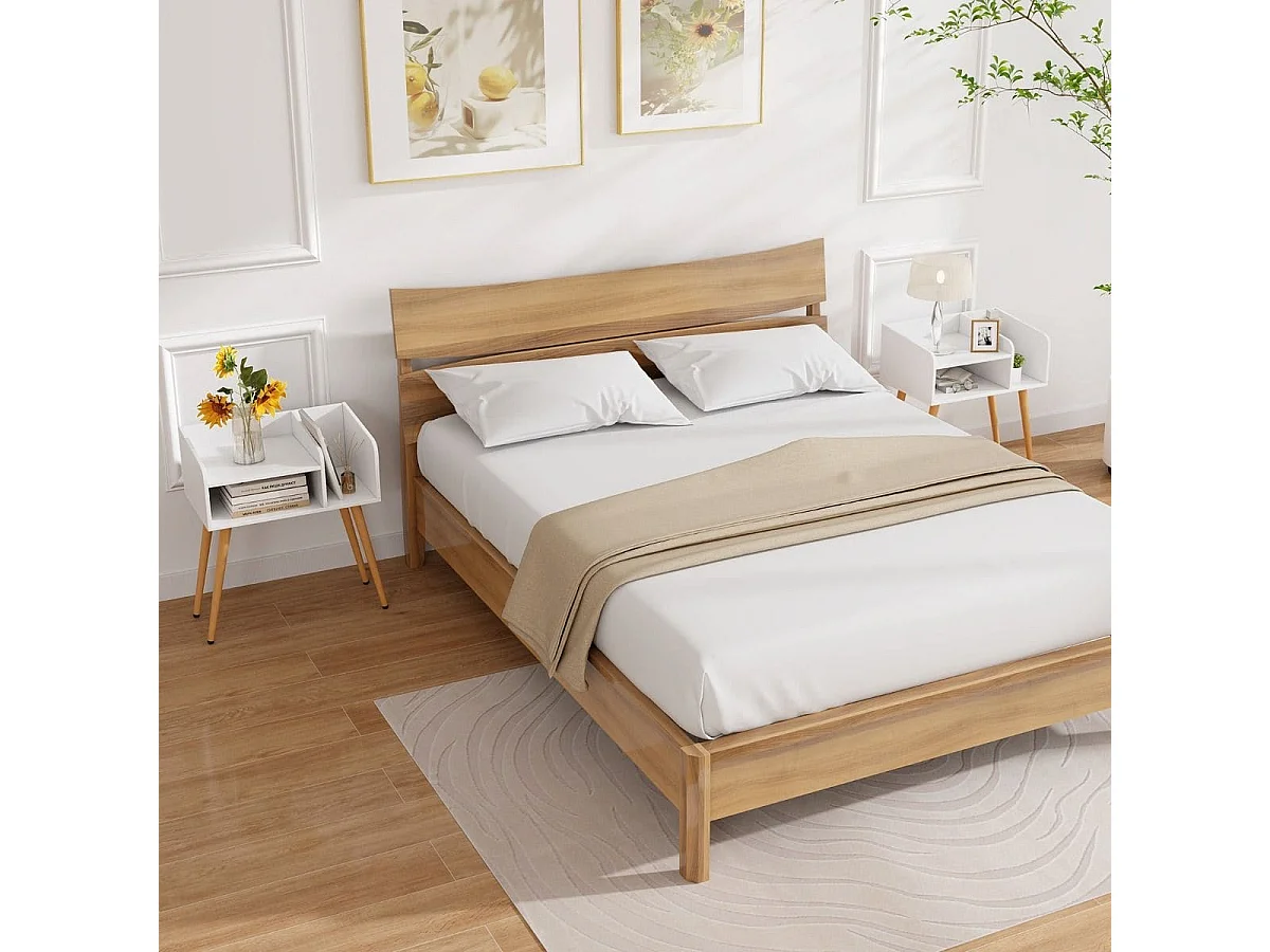 Comodino in stile moderno semplice ma pratico, Tavolino a 2 piani con mensole aperte Bianco + Naturale