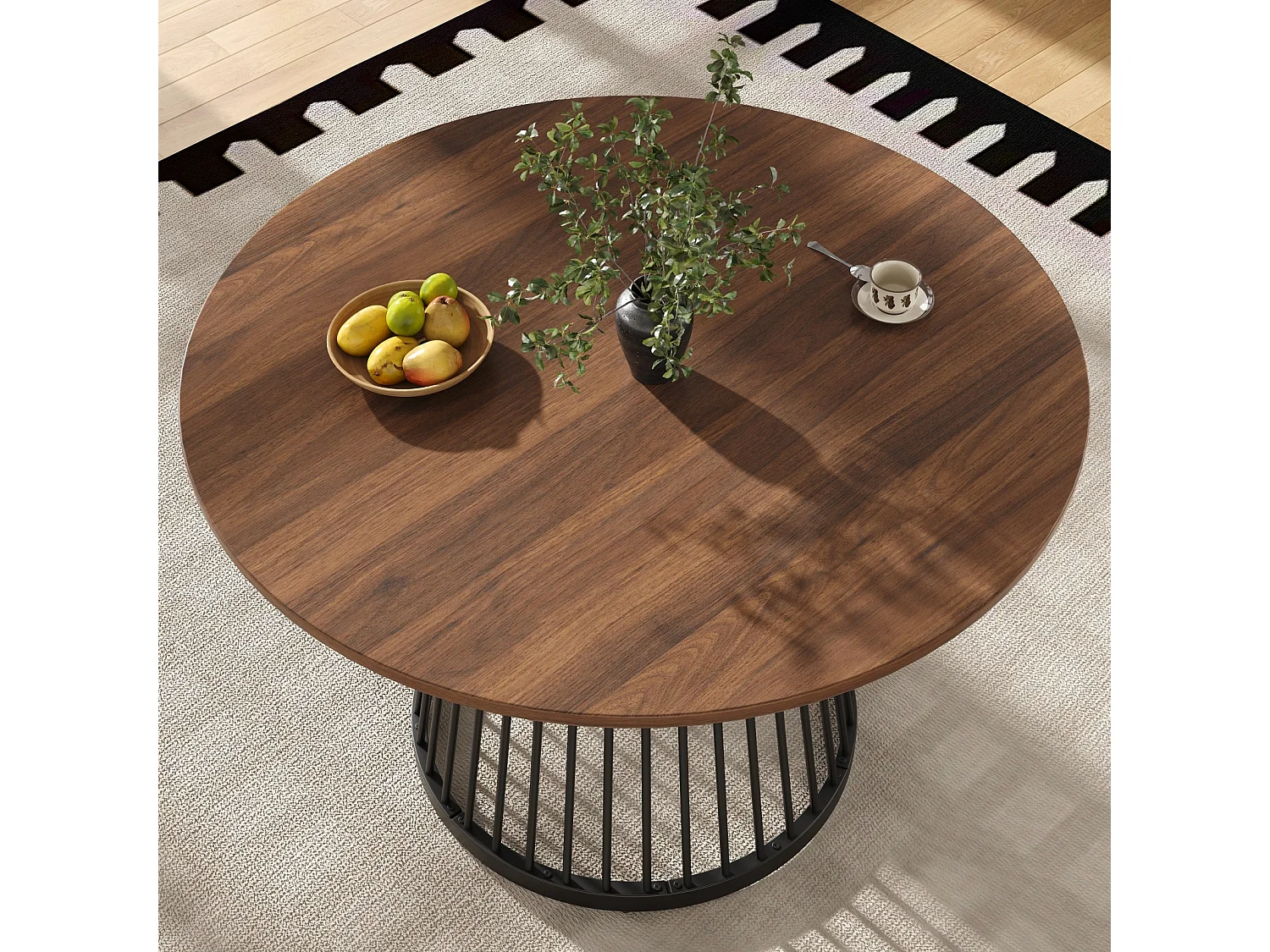 Mesa redonda 80×80×76 cm para 4 personas, cocina o salón, tablero MDF color nogal, patas negras