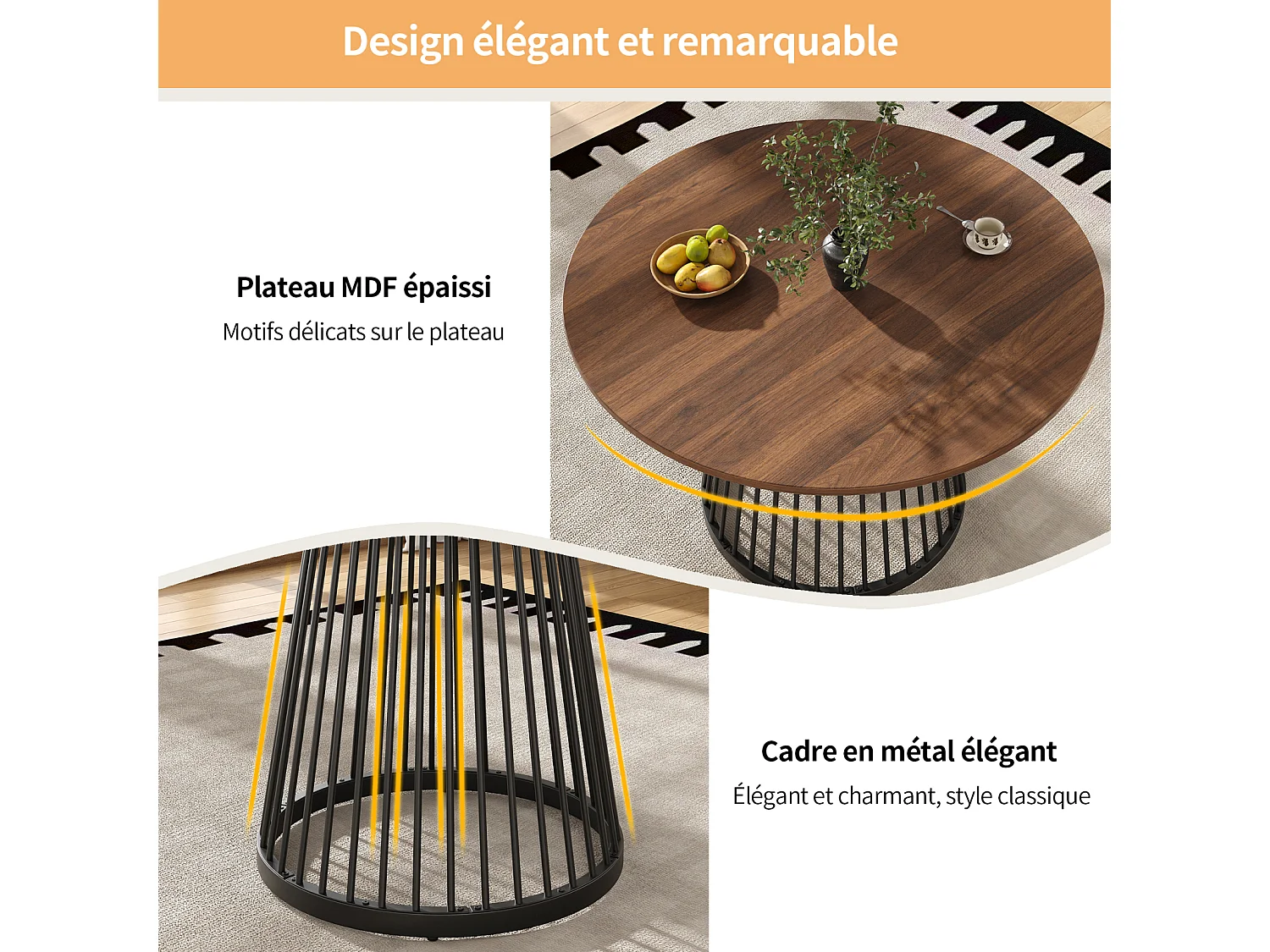 Mesa redonda 80×80×76 cm para 4 personas, cocina o salón, tablero MDF color nogal, patas negras