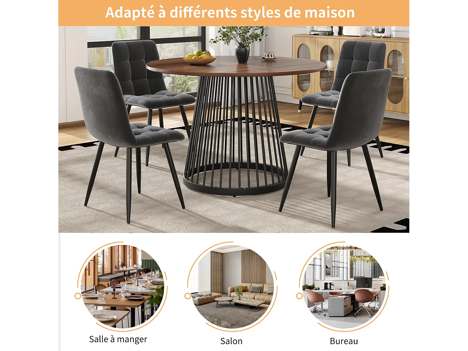 Mesa redonda 80×80×76 cm para 4 personas, cocina o salón, tablero MDF color nogal, patas negras