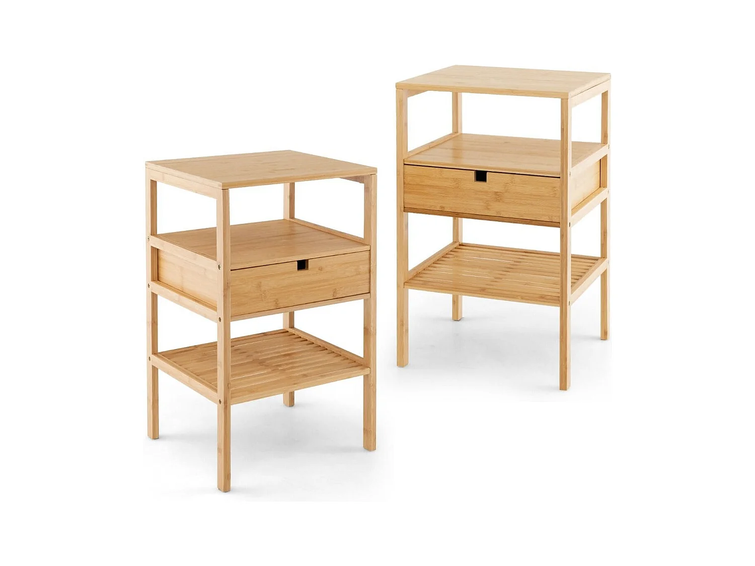 Set di 2 comodini multiuso in bambù con cassetto portaoggetti e scaffale a doghe, Tavolini moderno a 3 livelli Naturale