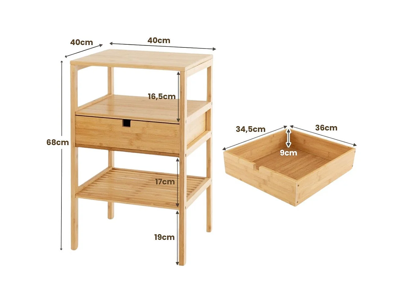 Set di 2 comodini multiuso in bambù con cassetto portaoggetti e scaffale a doghe, Tavolini moderno a 3 livelli Naturale
