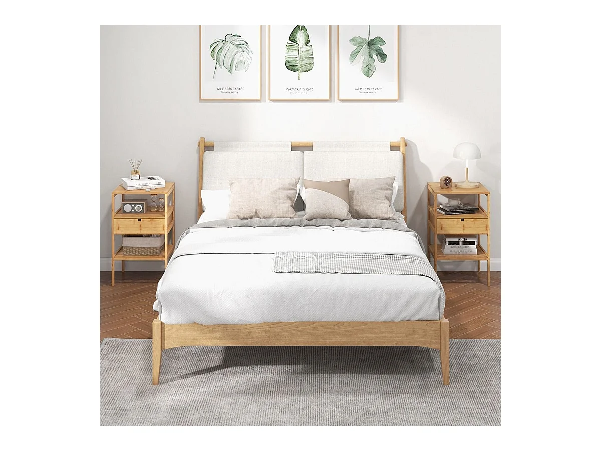 Set di 2 comodini multiuso in bambù con cassetto portaoggetti e scaffale a doghe, Tavolini moderno a 3 livelli Naturale