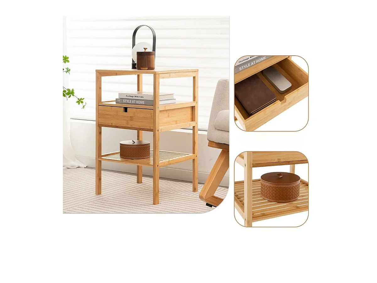 Set di 2 comodini multiuso in bambù con cassetto portaoggetti e scaffale a doghe, Tavolini moderno a 3 livelli Naturale