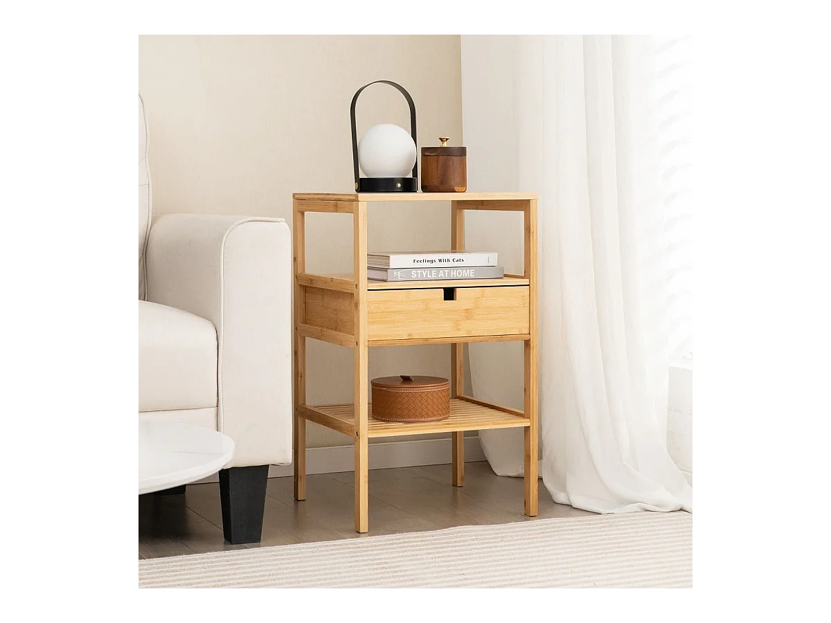 Set di 2 comodini multiuso in bambù con cassetto portaoggetti e scaffale a doghe, Tavolini moderno a 3 livelli Naturale