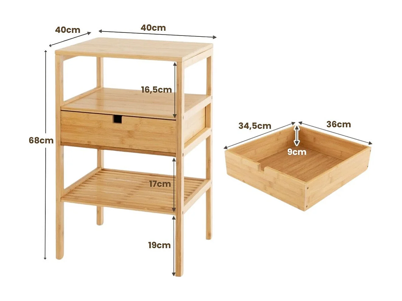 Set di 2 comodini multiuso in bambù con cassetto portaoggetti e scaffale a doghe, Tavolini moderno a 3 livelli Naturale