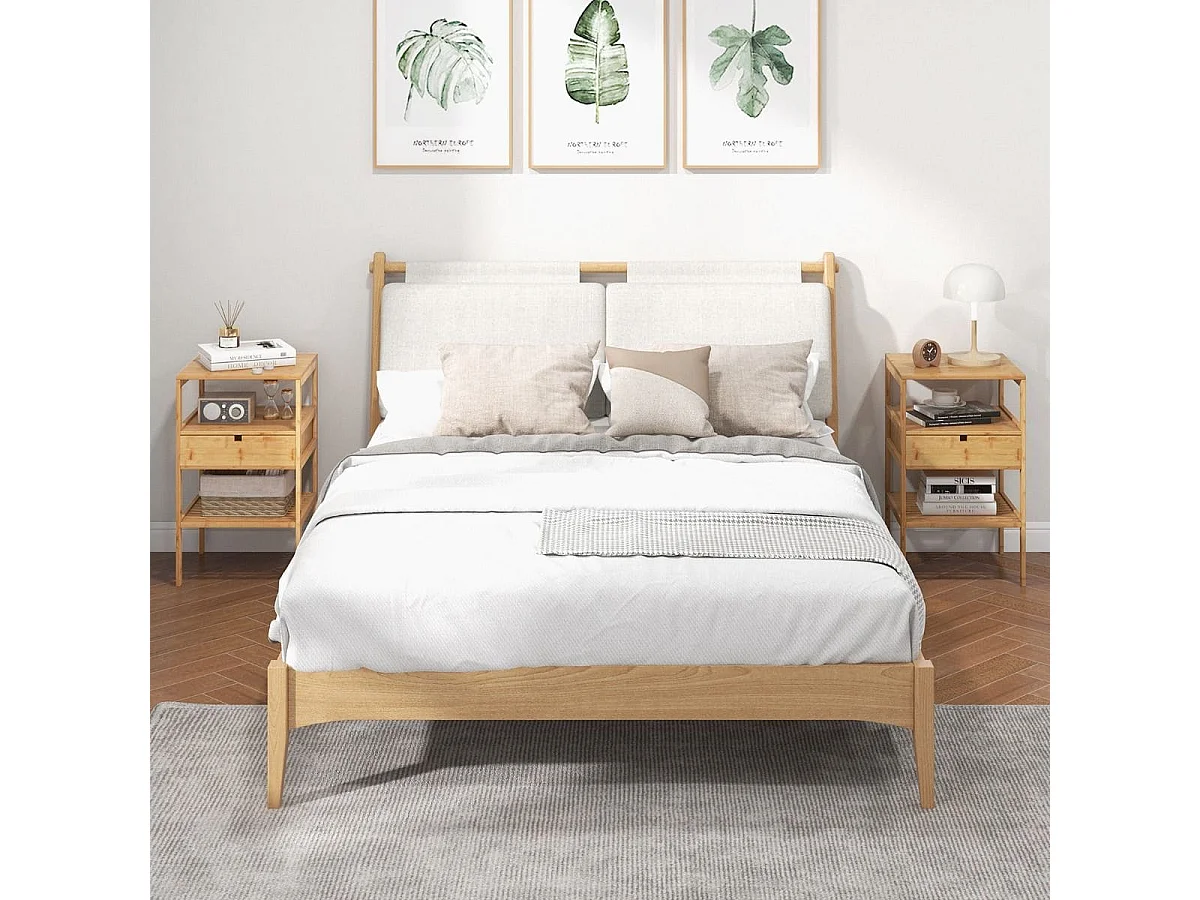 Set di 2 comodini multiuso in bambù con cassetto portaoggetti e scaffale a doghe, Tavolini moderno a 3 livelli Naturale