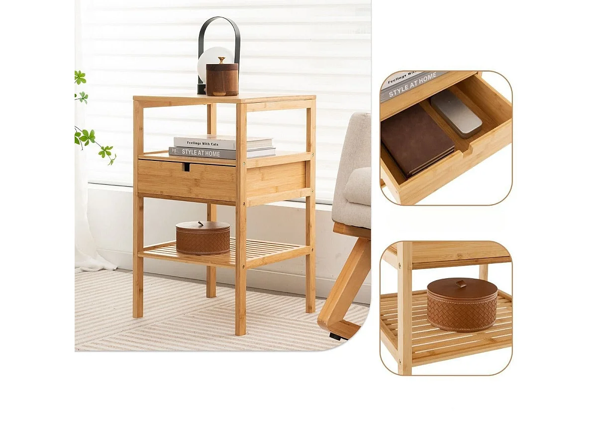 Set di 2 comodini multiuso in bambù con cassetto portaoggetti e scaffale a doghe, Tavolini moderno a 3 livelli Naturale