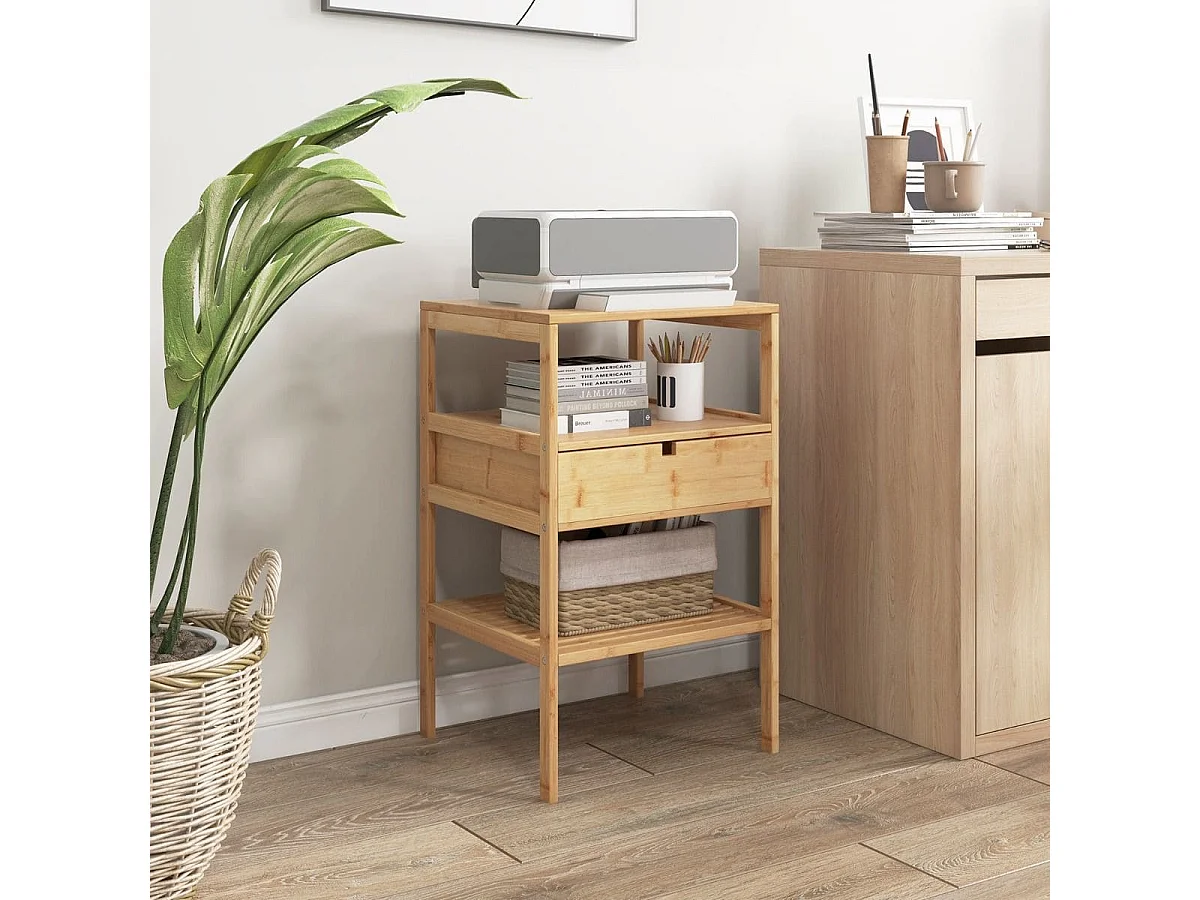 Set di 2 comodini multiuso in bambù con cassetto portaoggetti e scaffale a doghe, Tavolini moderno a 3 livelli Naturale