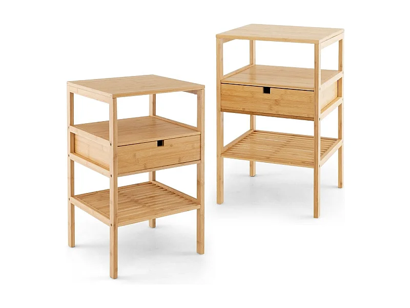 Set di 2 comodini multiuso in bambù con cassetto portaoggetti e scaffale a doghe, Tavolini moderno a 3 livelli Naturale