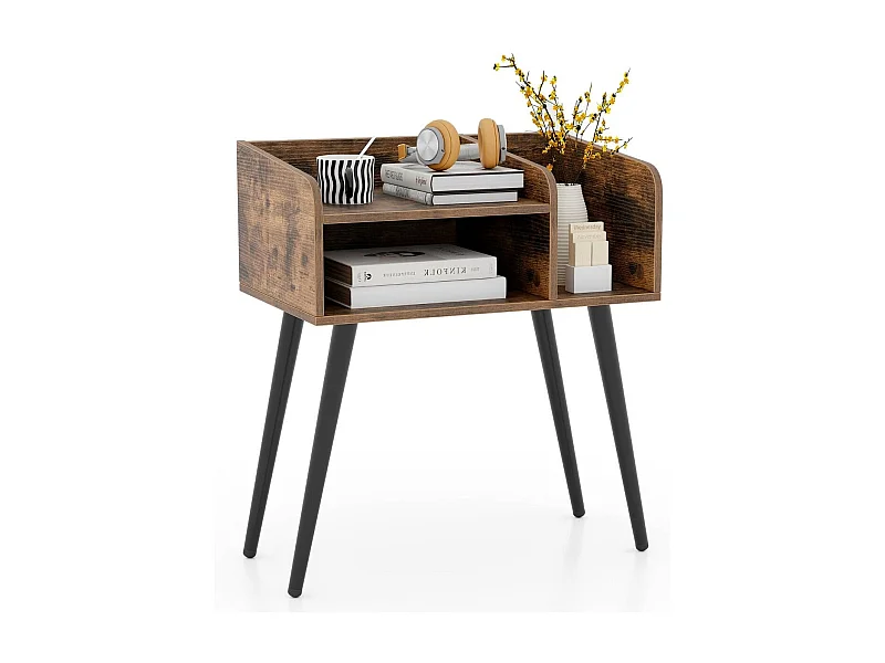 Comodino in stile moderno semplice ma pratico, Tavolino a 2 piani con mensole aperte Marrone rustico + Nero