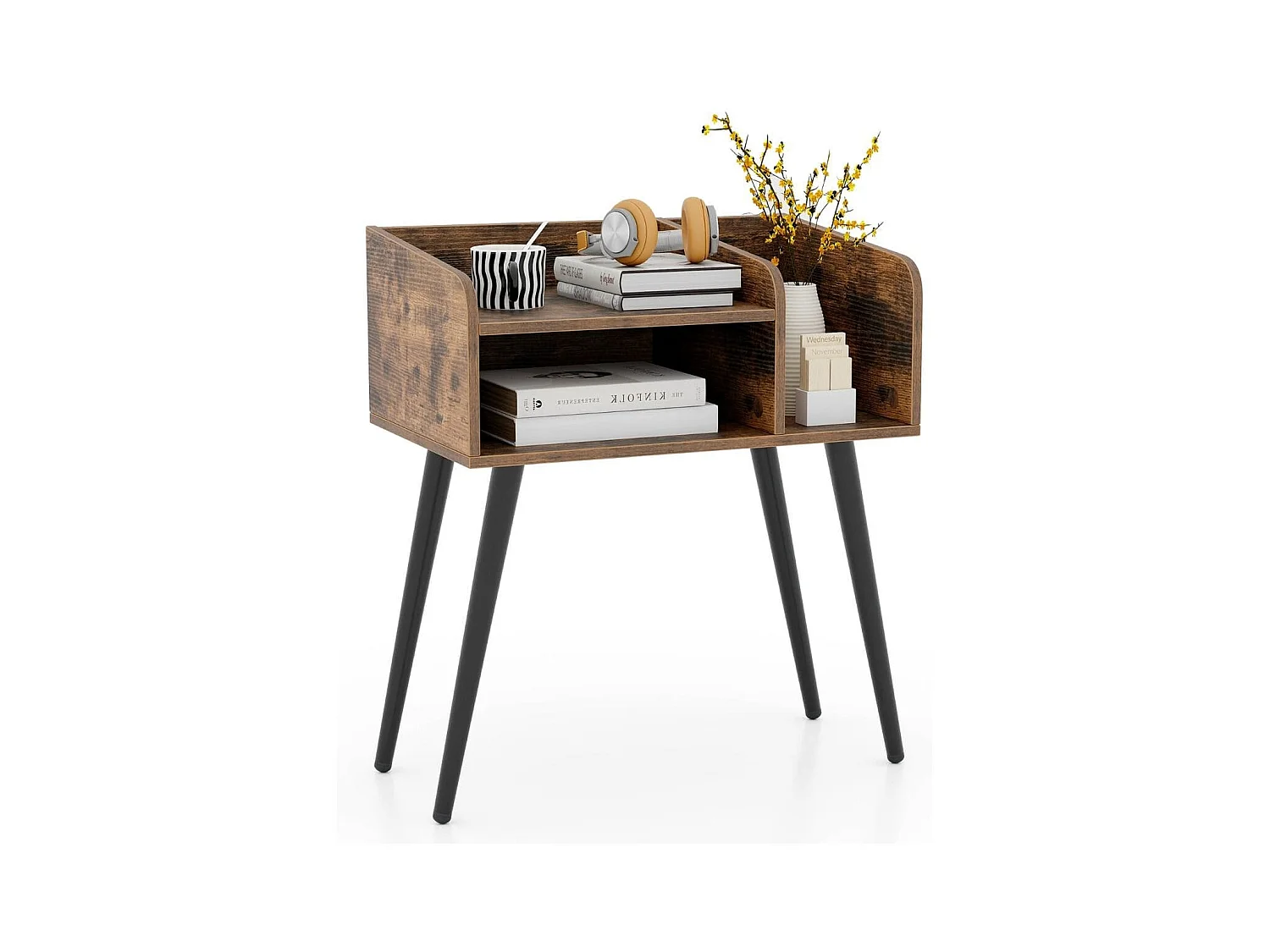 Comodino in stile moderno semplice ma pratico, Tavolino a 2 piani con mensole aperte Marrone rustico + Nero