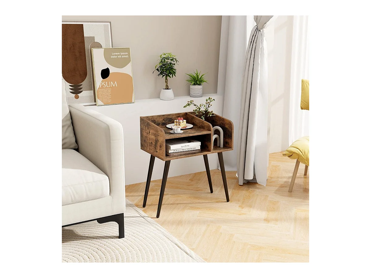 Comodino in stile moderno semplice ma pratico, Tavolino a 2 piani con mensole aperte Marrone rustico + Nero