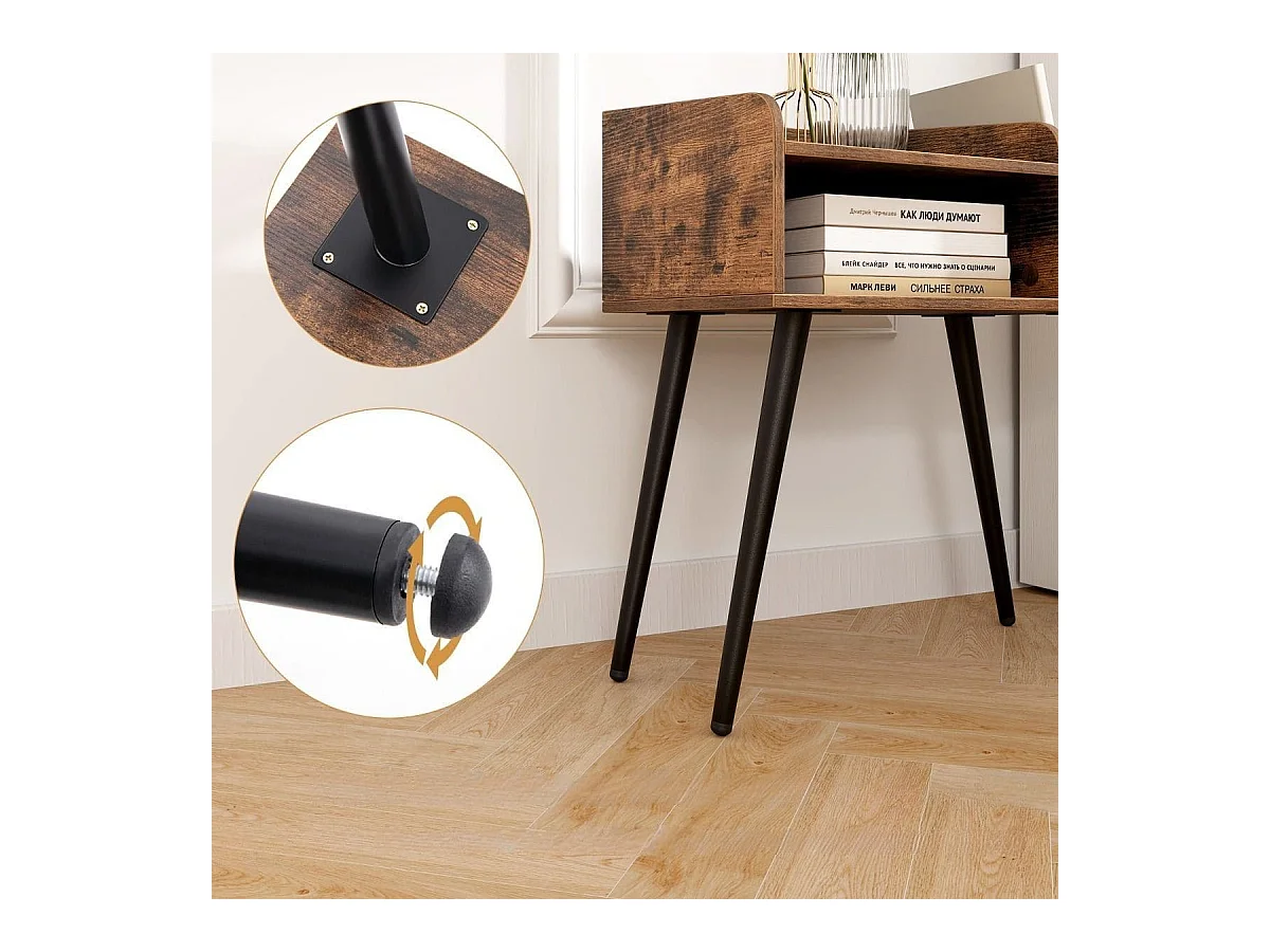 Comodino in stile moderno semplice ma pratico, Tavolino a 2 piani con mensole aperte Marrone rustico + Nero