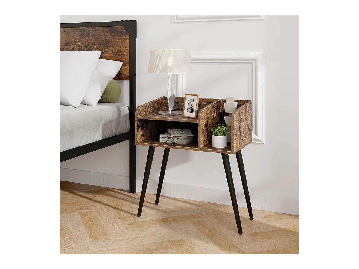 Comodino in stile moderno semplice ma pratico, Tavolino a 2 piani con mensole aperte Marrone rustico + Nero