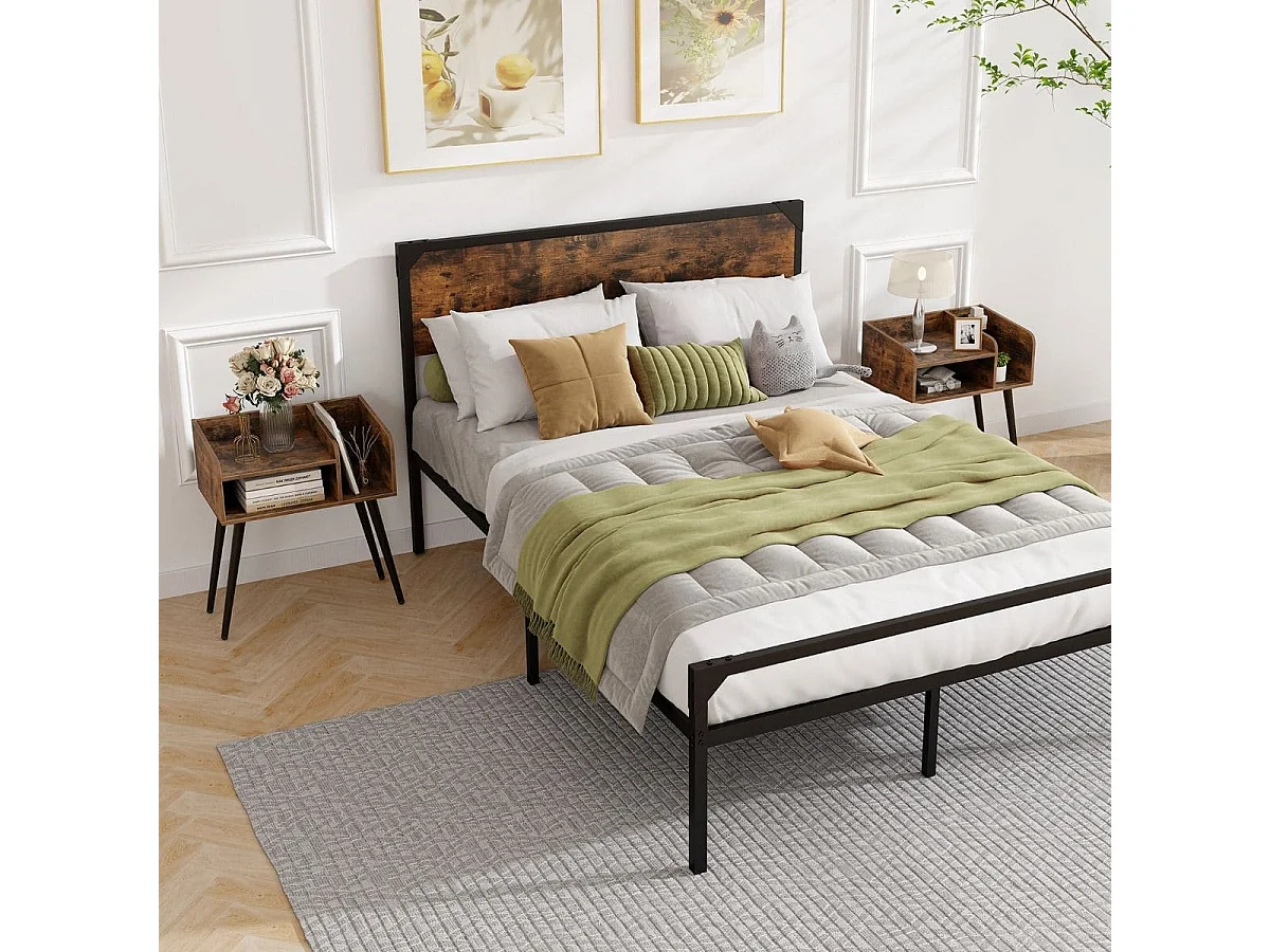 Comodino in stile moderno semplice ma pratico, Tavolino a 2 piani con mensole aperte Marrone rustico + Nero