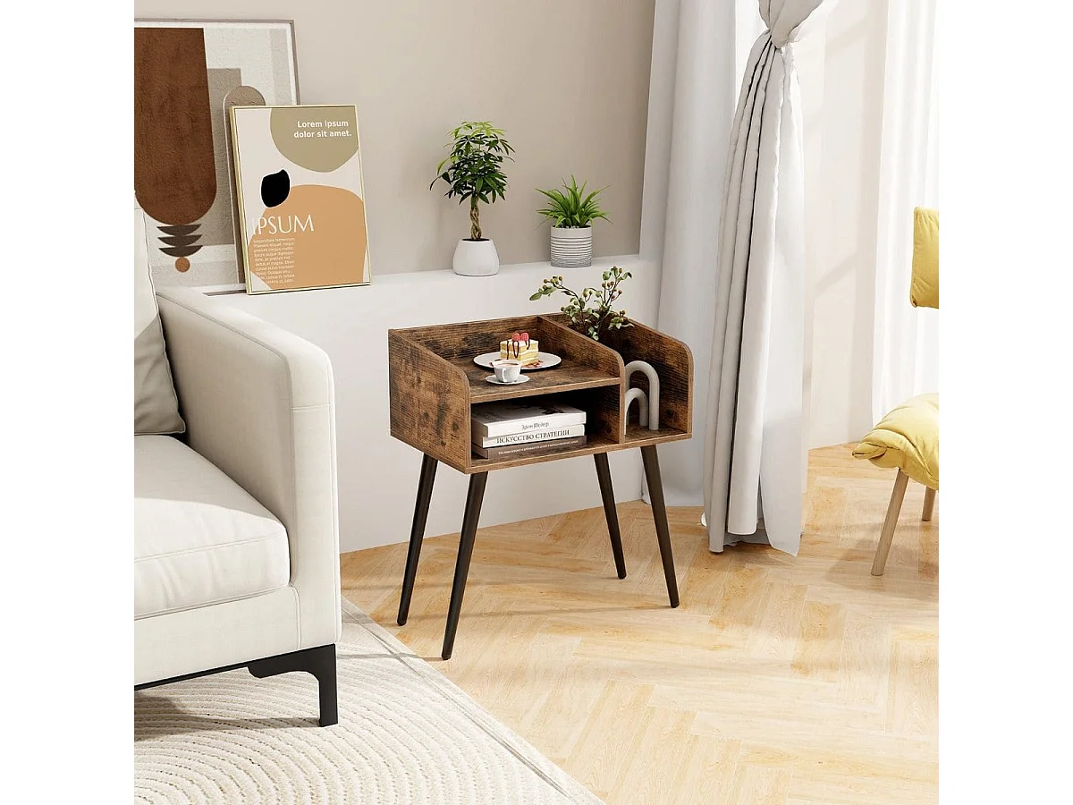 Comodino in stile moderno semplice ma pratico, Tavolino a 2 piani con mensole aperte Marrone rustico + Nero