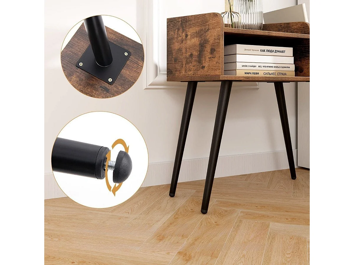 Comodino in stile moderno semplice ma pratico, Tavolino a 2 piani con mensole aperte Marrone rustico + Nero