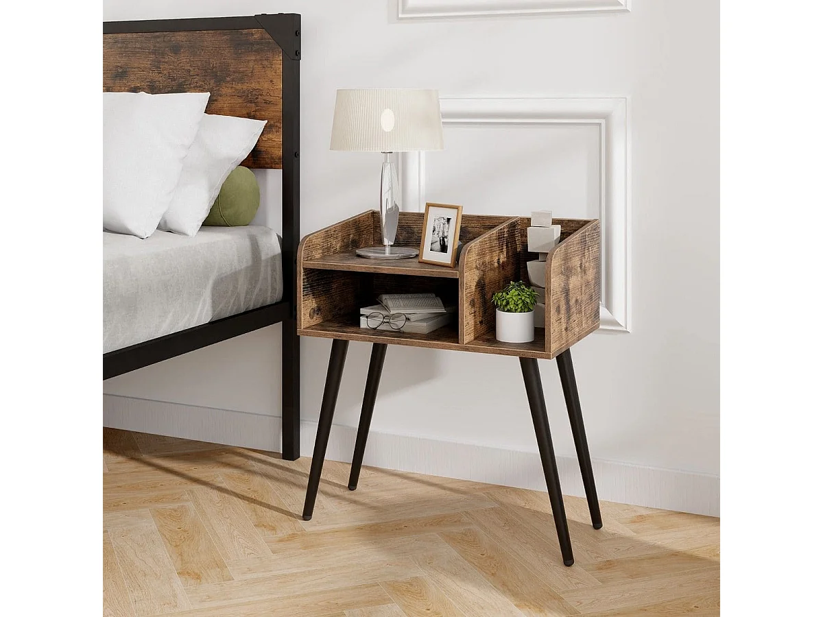 Comodino in stile moderno semplice ma pratico, Tavolino a 2 piani con mensole aperte Marrone rustico + Nero