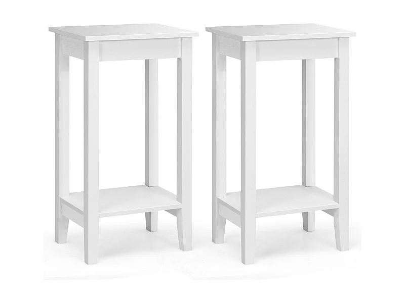 2 er Set Beistelltisch mit Regal 2-stöckiger hoher Sofatisch mit 4 Massivholzbeinen Weiß