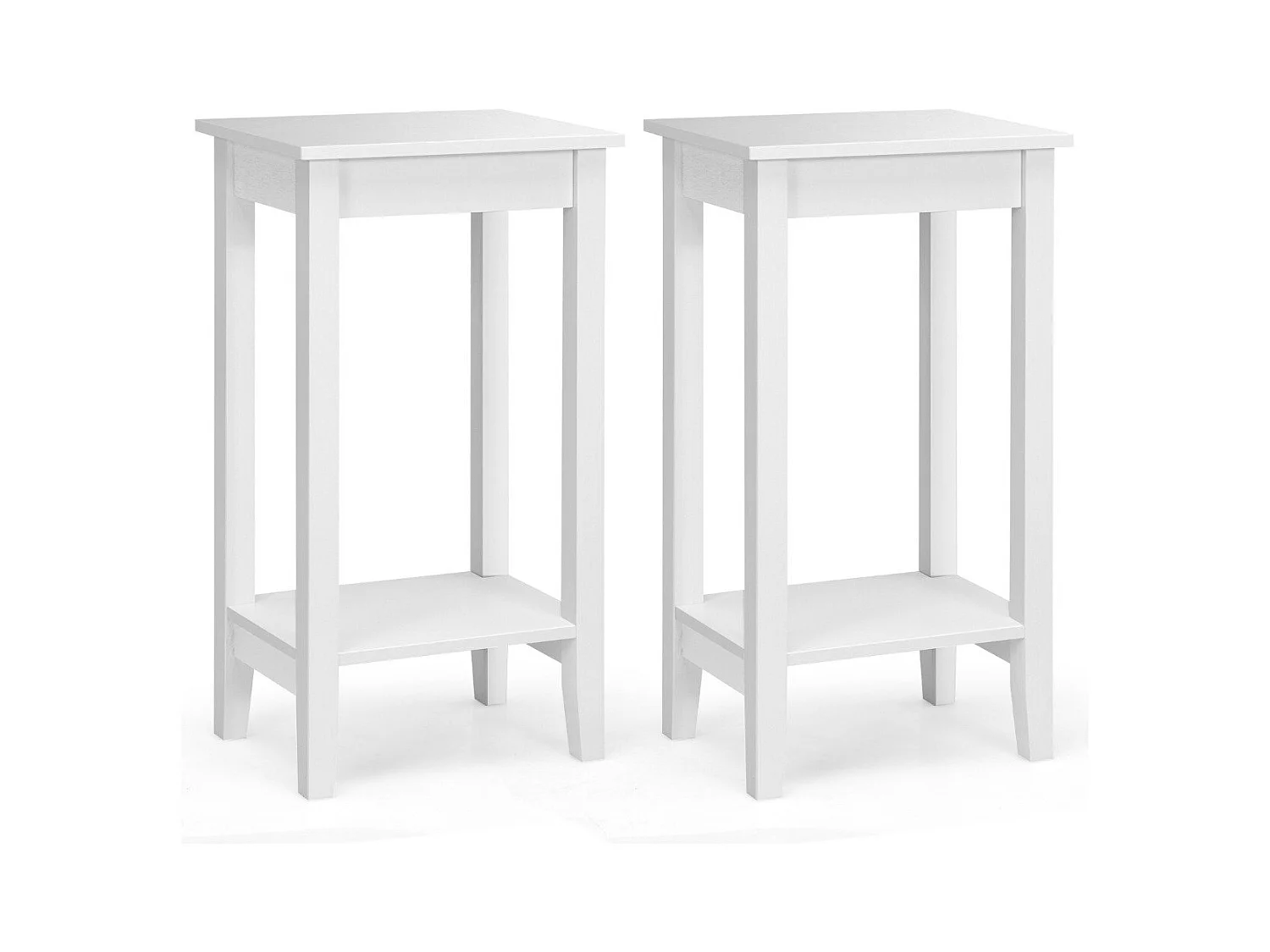 2 er Set Beistelltisch mit Regal 2-stöckiger hoher Sofatisch mit 4 Massivholzbeinen Weiß