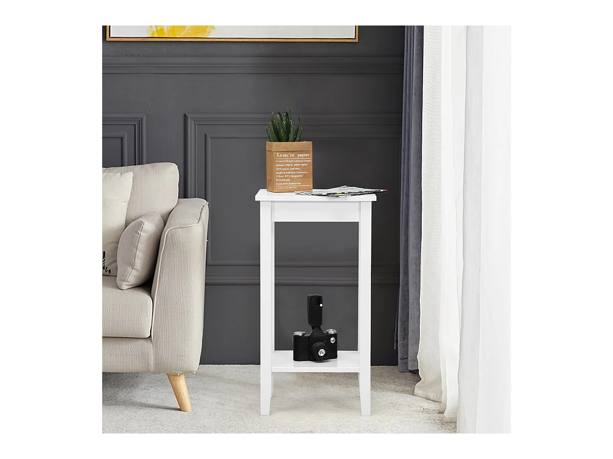 2 er Set Beistelltisch mit Regal 2-stöckiger hoher Sofatisch mit 4 Massivholzbeinen Weiß